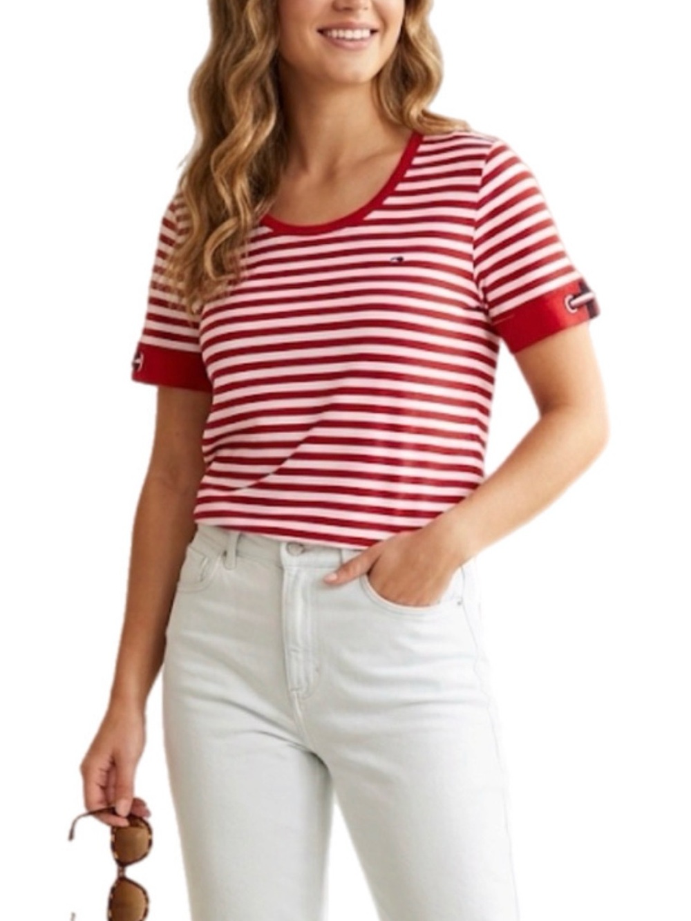 NWOT L Tommy Hilfiger Women’s Nautical Red White Striped Short Sleeve Tee Shirt